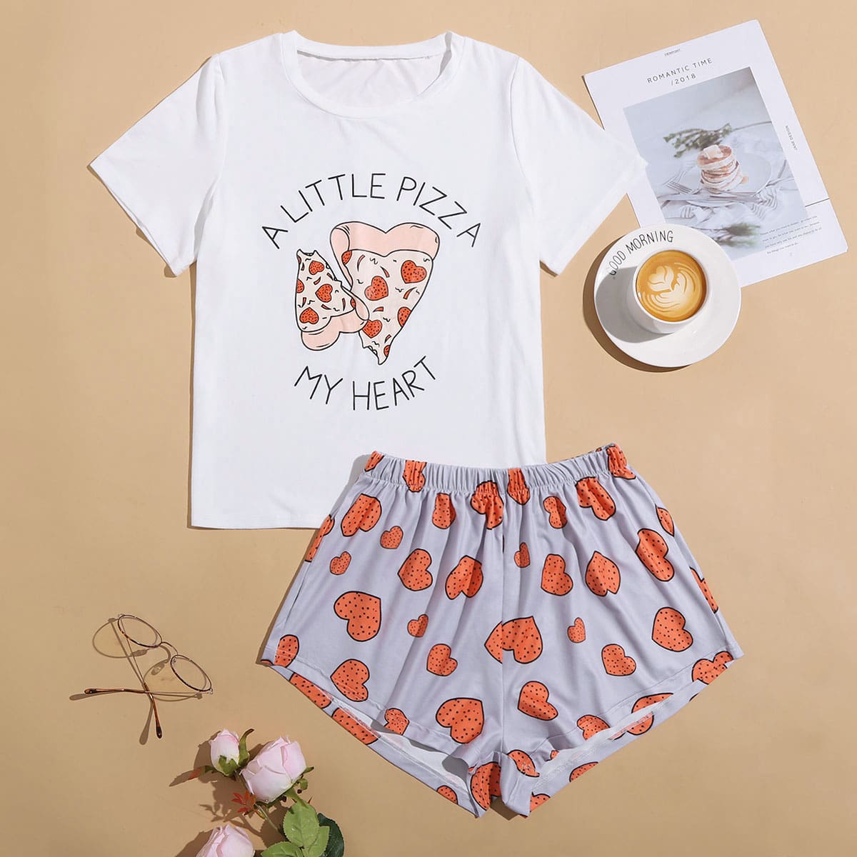 

Heart And Slogan Graphic Pajama Set, Multicolor