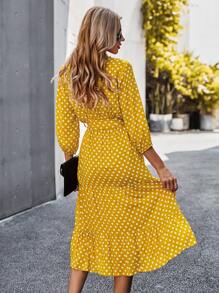 Polka Dot Frill Wrap Belted A-line Dress - Yellow - View 2