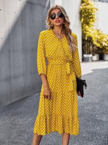 Polka Dot Frill Wrap Belted A-line Dress - Yellow - View 3
