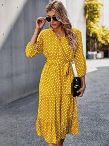 Polka Dot Frill Wrap Belted A-line Dress - Yellow - View 4