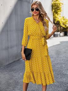 Polka Dot Frill Wrap Belted A-line Dress - Yellow - View 5