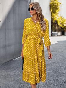Polka Dot Frill Wrap Belted A-line Dress - Yellow - View 6