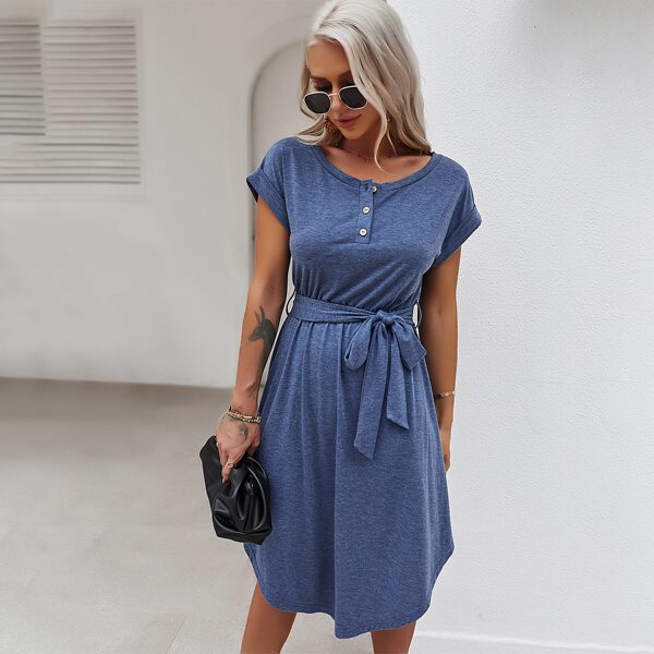 

Half Button Curved Hem Belted Tee Dress, Blue