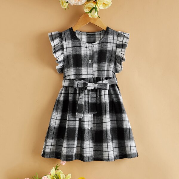 

Toddler Girls Button Front Plaid Belted Dress, Multicolor