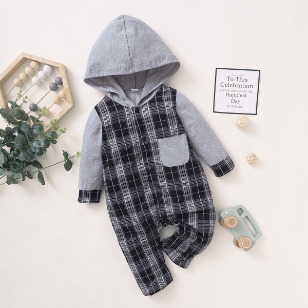

Baby Boy Plaid Button Front Hooded Jumpsuit, Multicolor