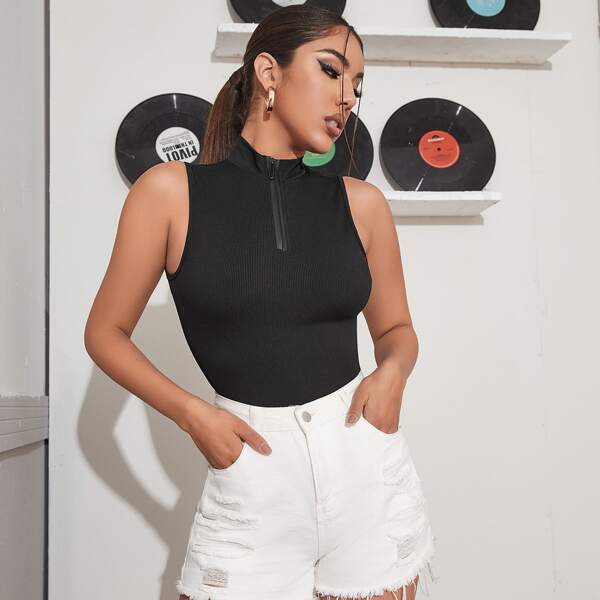 

Zip Half Placket Tank Top, Black