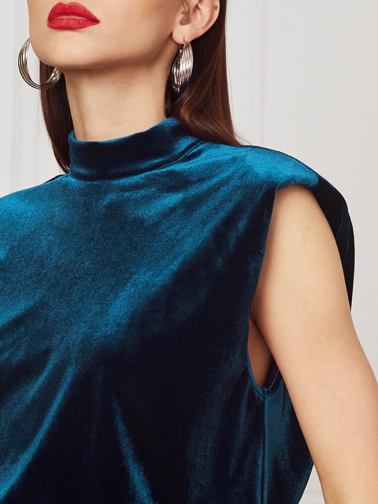 Mock Neck Shoulder Padded Solid Velvet Tank Top
