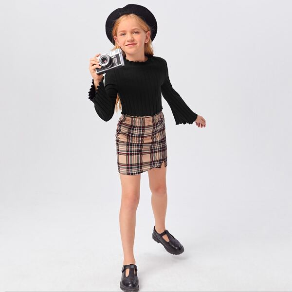 

Girls Lettuce Trim Bell Sleeve Rib-knit Top & Split Hem Plaid Skirt Set, Multicolor