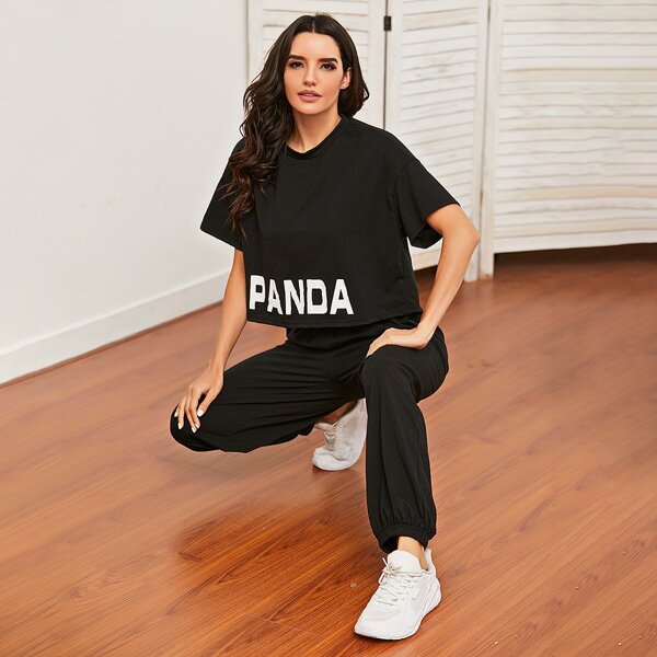 

Letter Graphic Crop Tee & Sweatpants, Black