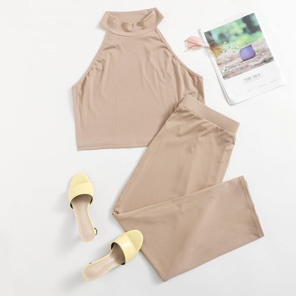 

Plus Solid Rib Knit Halter Top & Pants, Khaki