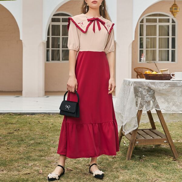 

Floral Embroidery Statement Collar Ruffle Hem Combo Dress, Multicolor