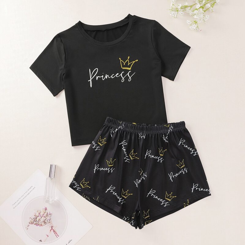 

Crown And Letter Graphic Pajama Set, Black