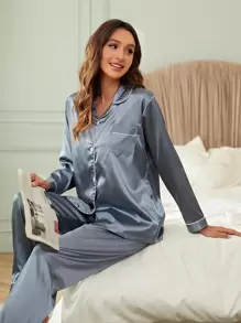 LuxeNights Contrast Piping Satin Pajama Set, Fall Winter Clothes Cozy And Elegant Details