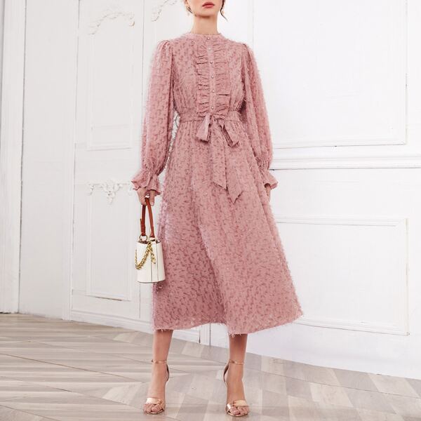 

Pearl Button Front Frill Trim Fuzzy Dress, Dusty pink