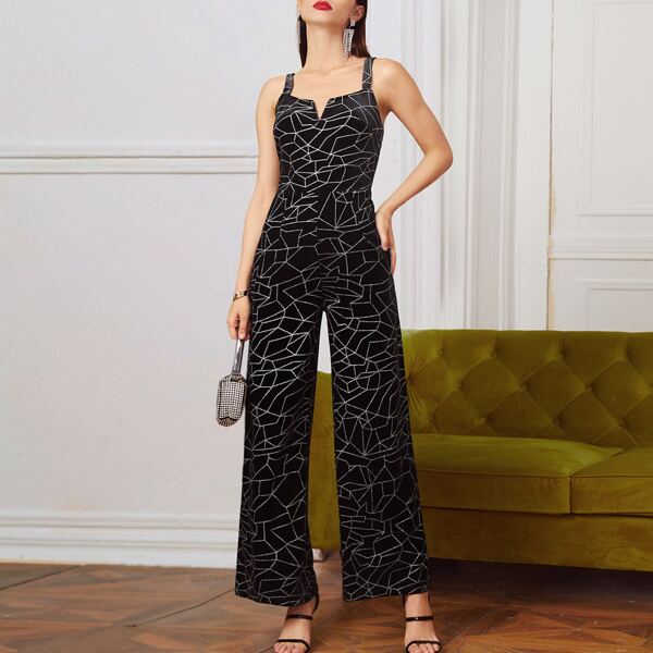 

Notch Neck Allover Pattern Velvet Slip Jumpsuit, Black and white