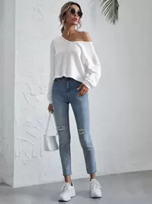 SHEIN Essnce Áo thun màu trơn Giải trí - trắng - Xem 3
