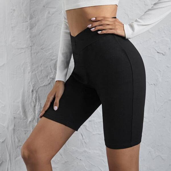 

Overlap Waist Solid Biker Shorts, Black