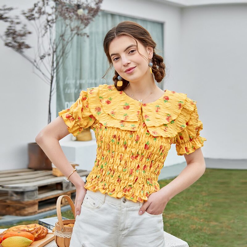 

Fruit Print Shirred Tiered Doll Neck Blouse, Yellow