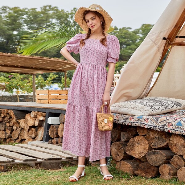

Ditsy Floral Puff Sleeve Dress, Baby pink