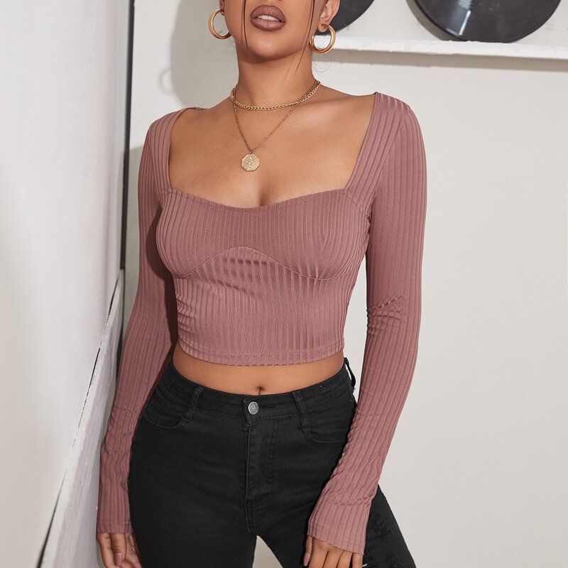 

Sweetheart Neck Rib-knit Crop Tee, Dusty pink