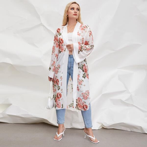 

Plus Allover Floral Split Side Kimono, Multicolor