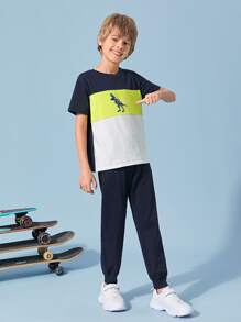 SHEIN Boys Dinosaur Print Colorblock Tee and Joggers Set - Multicolor - View 4