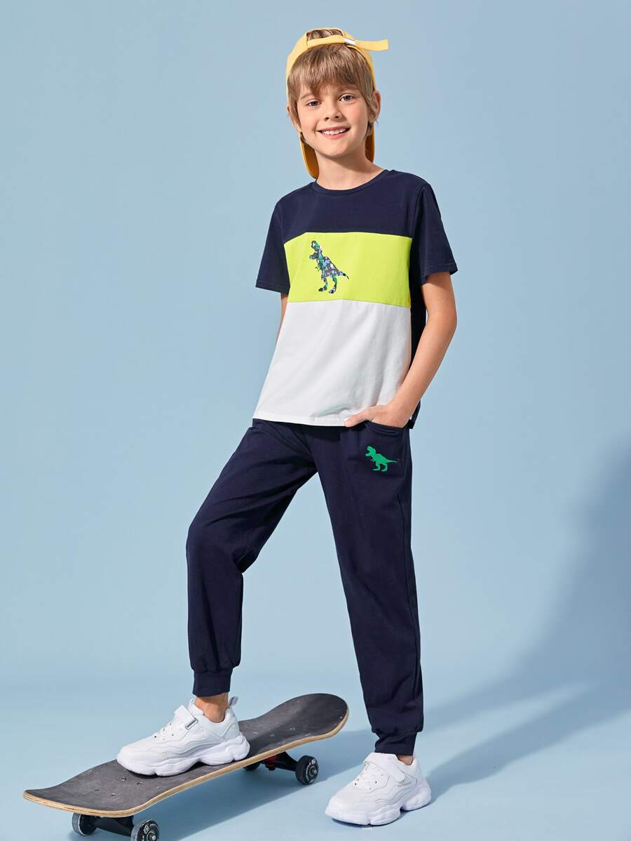 SHEIN Boys Dinosaur Print Colorblock Tee and Joggers Set - Multicolor - View 1