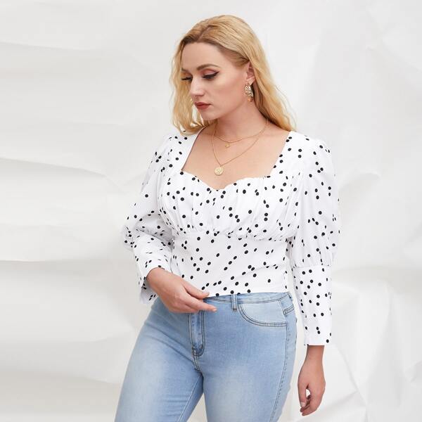 

Plus Polka Dot Ruched Bust Crop Blouse, White