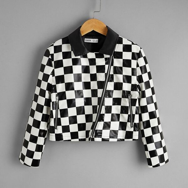 

Girls Checkered PU Leather Moto Jacket, Black and white