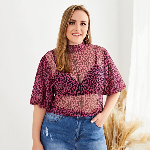 

Plus Puff Sleeve Leopard Top Without Bra, Multicolor