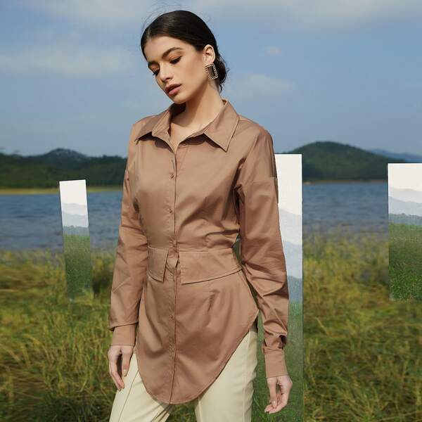 

Drop Shoulder Solid Blouse, Brown