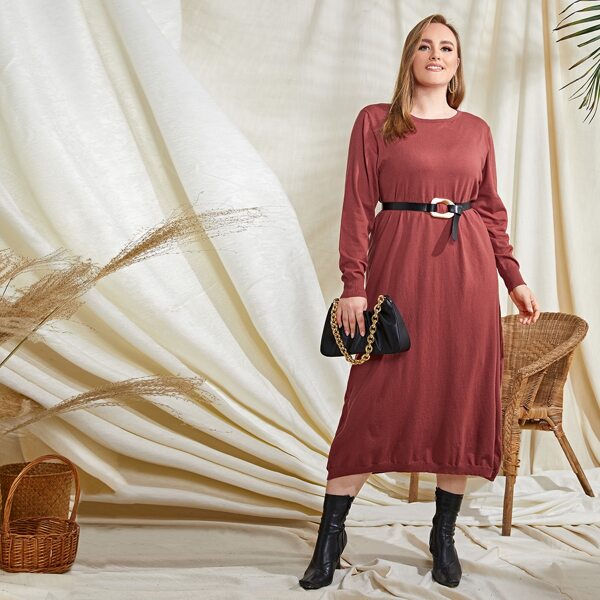 

Plus Solid Sweater Dress Without Belt, Redwood