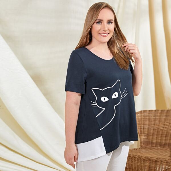 

Plus Cat Print Colorblock Tee, Navy blue