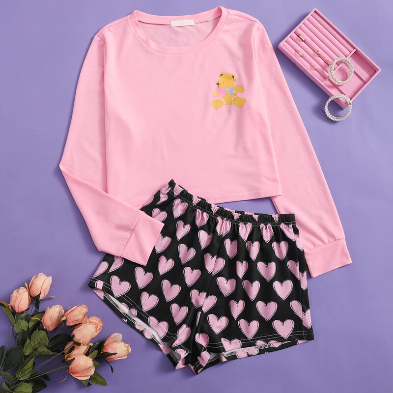 

Heart Print Shorts PJ Set, Multicolor