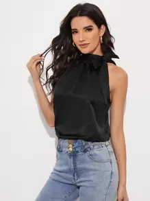 SHEIN Privé Knot Detail Solid Top - Black - View 1