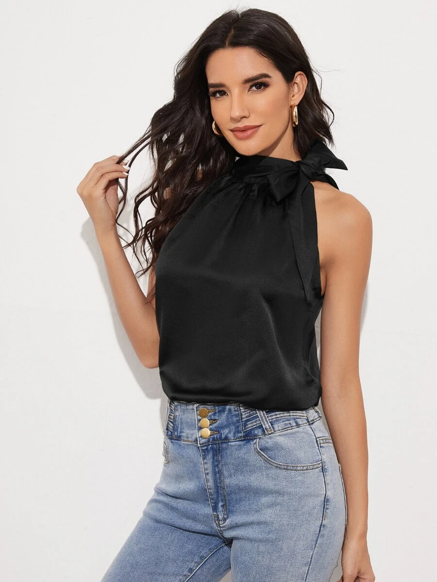 SHEIN Privé Knot Detail Solid Top - Black - View 1