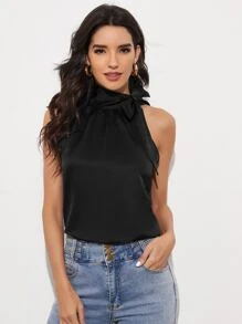SHEIN Privé Knot Detail Solid Top - Black - View 3