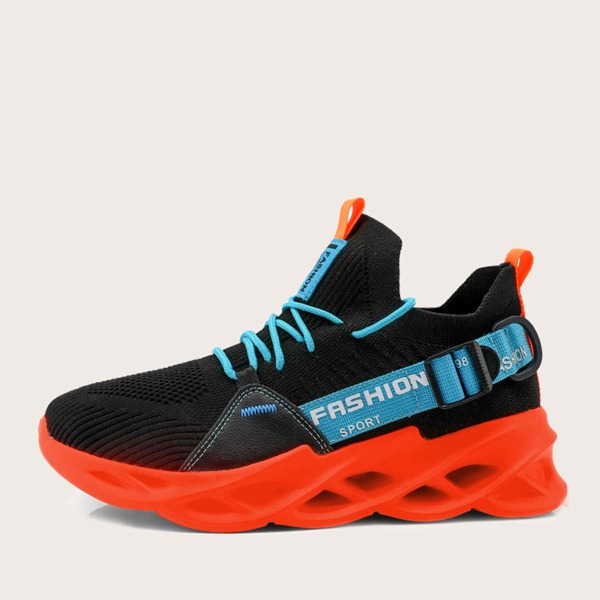 

Men Letter Graphic Wide Fit Knit Sneakers, Black