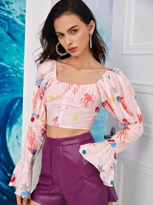 SHEIN 抽褶胸褶皺袖上衣 - 彩色 - 查看 4