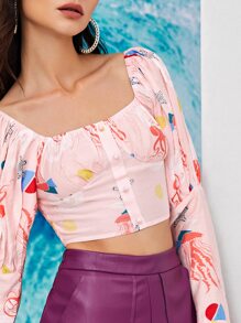 SHEIN 抽褶胸褶皺袖上衣 - 彩色 - 查看 5