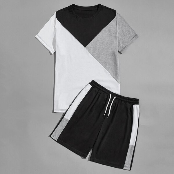 

Men Colorblock Tee With Drawstring Waist Shorts, Multicolor