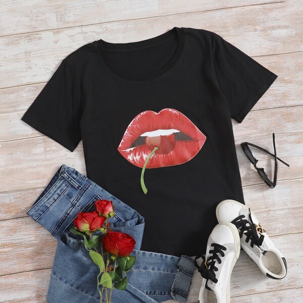 

Lip And Cherry Print Tee, Black