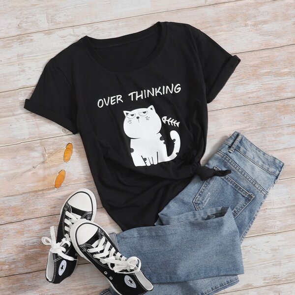 

Cartoon And Letter Graphic Tee, Black