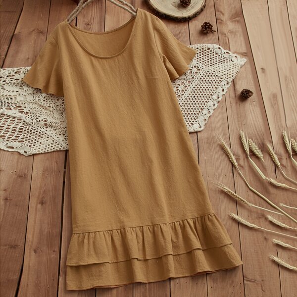 

Butterfly Sleeve Ruffle Hem Smock Dress, Khaki