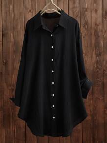 Drop Shoulder Solid Button Up Blouse - Black - View 1