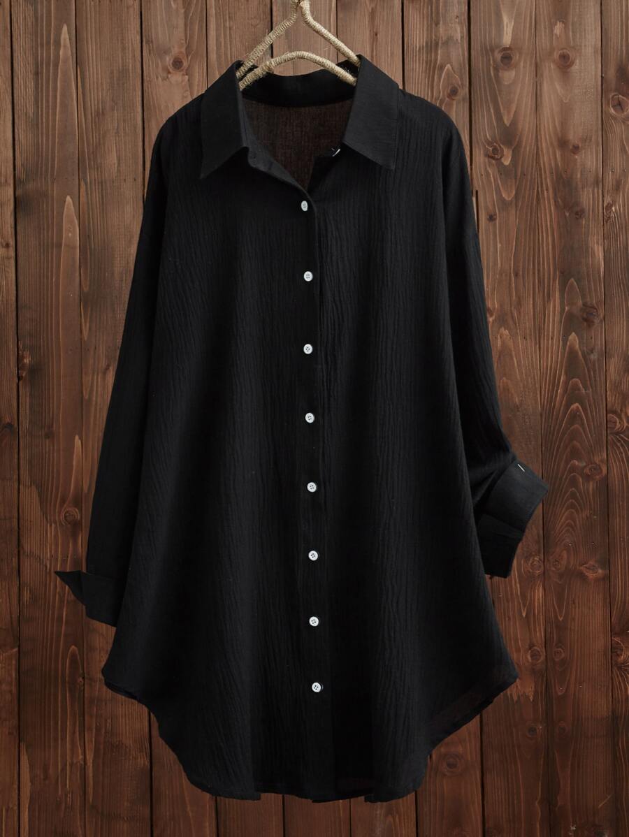 Drop Shoulder Solid Button Up Blouse - Black - View 1