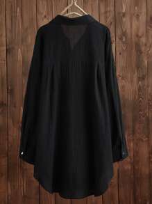 Drop Shoulder Solid Button Up Blouse - Black - View 2