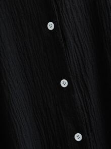Drop Shoulder Solid Button Up Blouse - Black - View 3