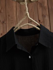 Drop Shoulder Solid Button Up Blouse - Black - View 4