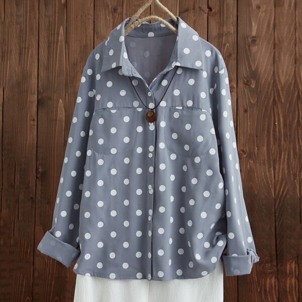 

Polka Dot Pocket Patched Blouse, Dusty blue